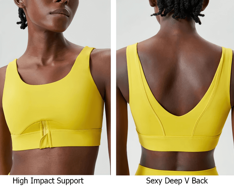 Yellow high impact yoga bra with a sexy deep V-back design, showcasing front and back views. Ideal for fitness and comfort enthusiasts.